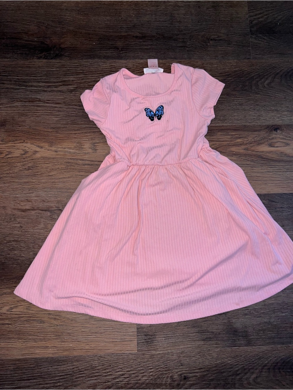 Girls Pink Rib-Knit Dress with Blue Butterfly Accent and POCKETS
